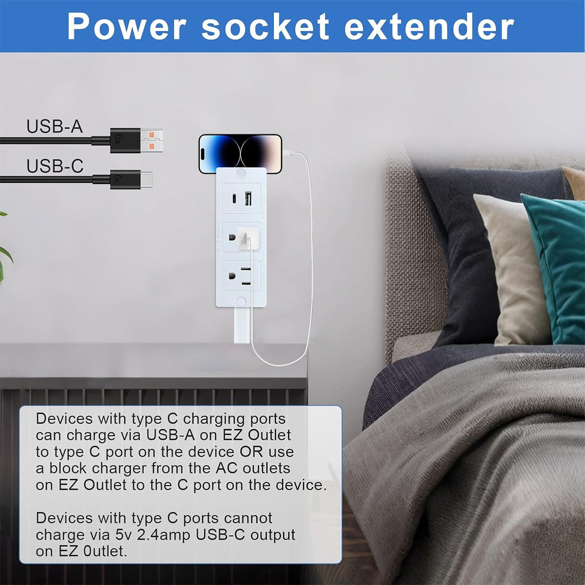 Electrical Outlet Expander with Rotating Power Socket for Sofas, Nightstands, and Desks
