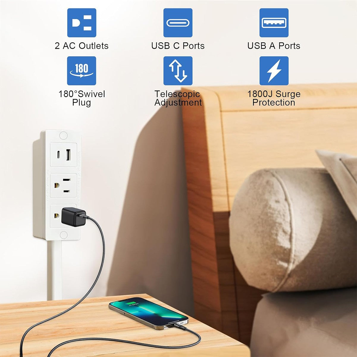 Electrical Outlet Expander with Rotating Power Socket for Sofas, Nightstands, and Desks