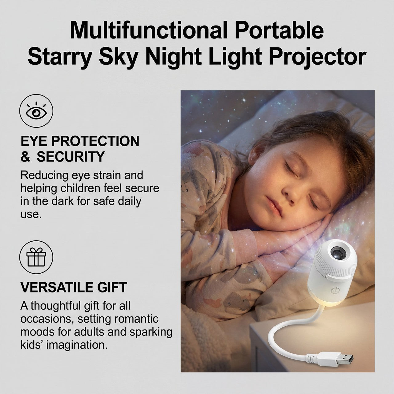 USB-Powered Starry Sky Projection Night Light for Ambient Bedroom and Nursery Lighting